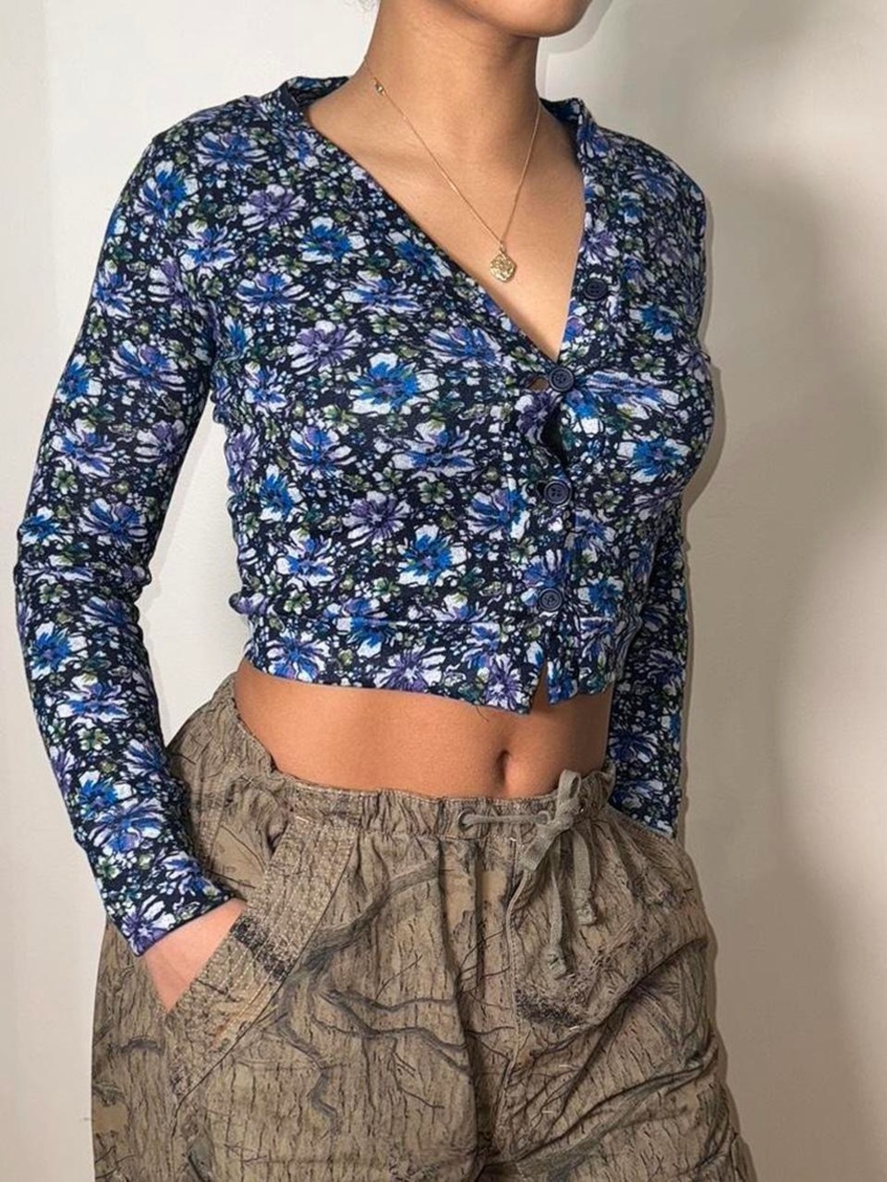 dELiA*s Blue Floral Button-Front Crop Cardigan
